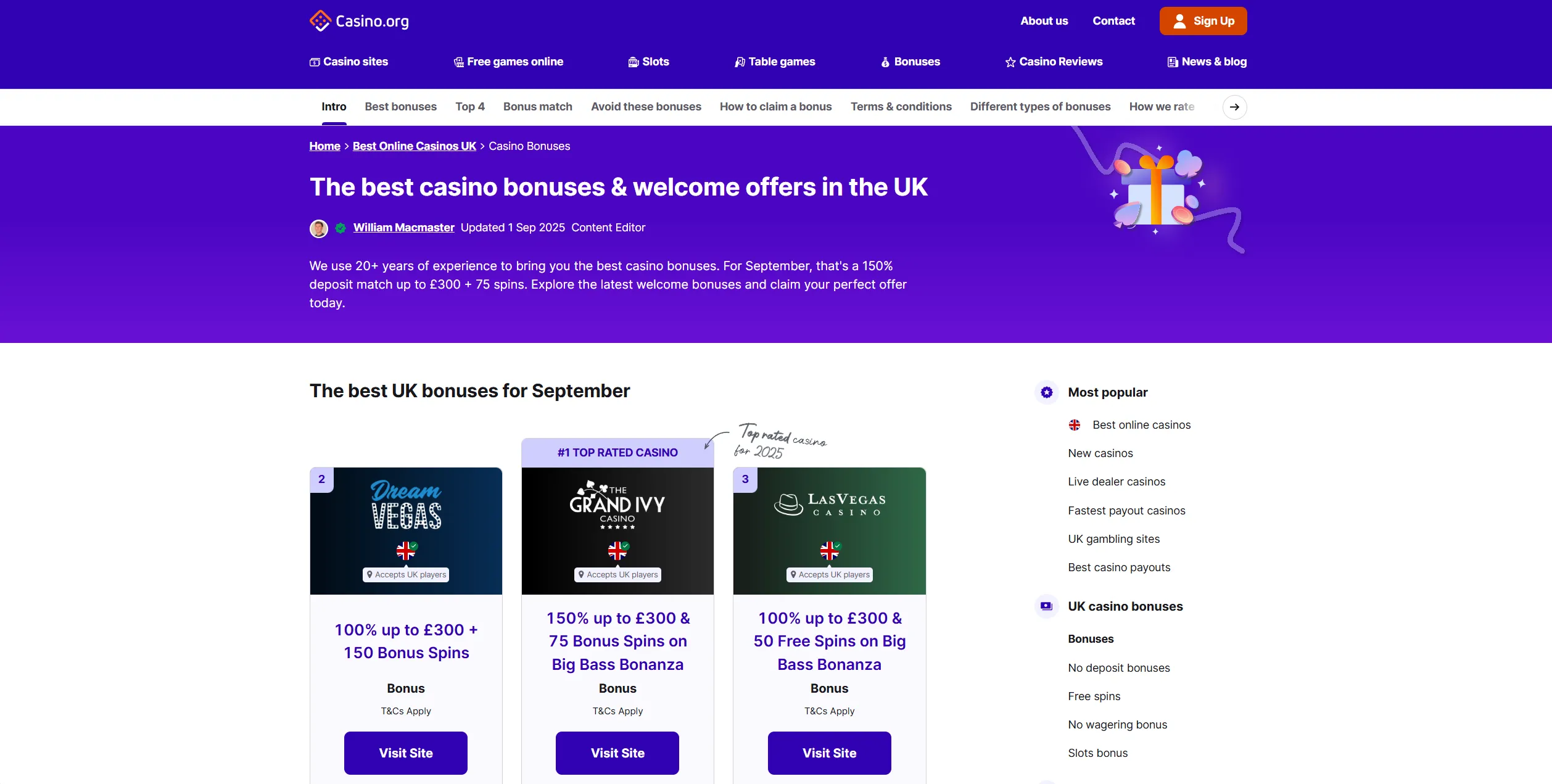 Screenshot of Casino.org - Best Uk Casino Bonuses & Welcome Offers